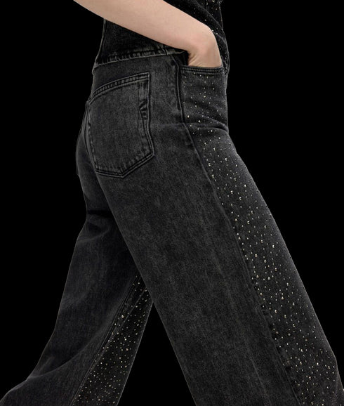 Rhinestone Wide Fit Jeans - Black