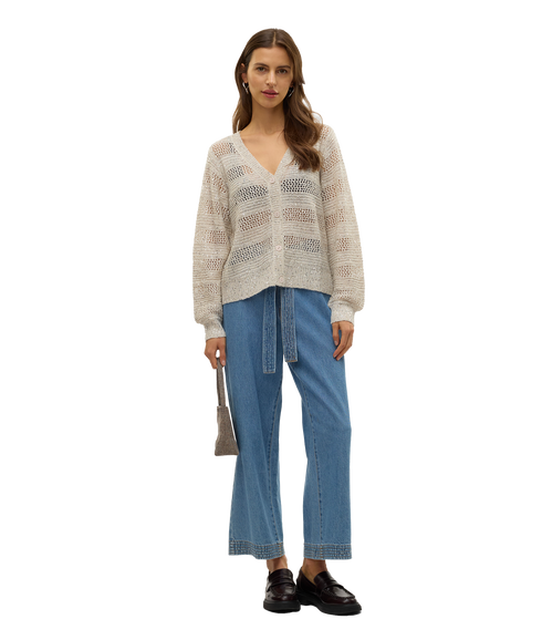 Leilani Stripe Ls V-Neck Cardigan - Beige