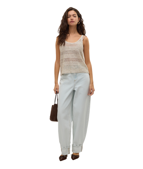Leilani Stripe Sl U-Neck Top - Beige