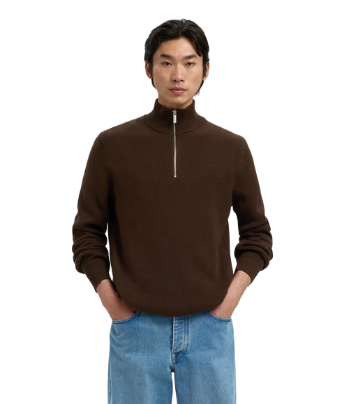 Dane Ls Knit Structure Half Zip - Brown