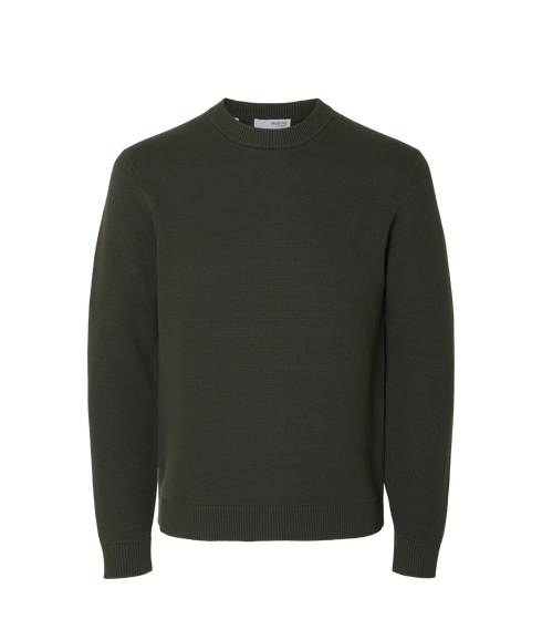 Dane Ls Knit Structure Crew Neck - Deep Forest