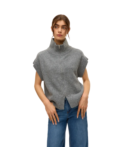 Bang Sl Highneck Zipper Vest Boo - Medium Grey Melange
