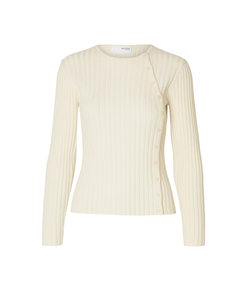 Helen Ls Knit Button O-Neck Top - Birch