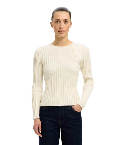 Helen Ls Knit Button O-Neck Top - Birch