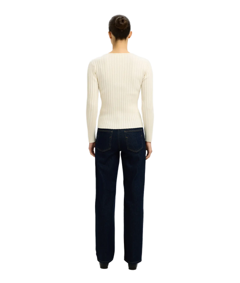 Helen Ls Knit Button O-Neck Top - Birch