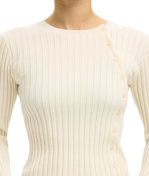 Helen Ls Knit Button O-Neck Top - Birch