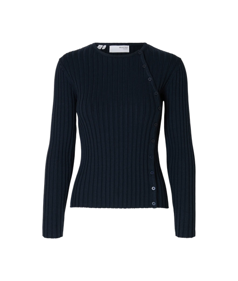 Helen Ls Knit Button O-Neck Top - Dark Sapphire