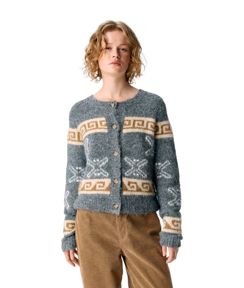 Galia L/S Re Knit Cardigan - Medium Grey Melange/White Sand