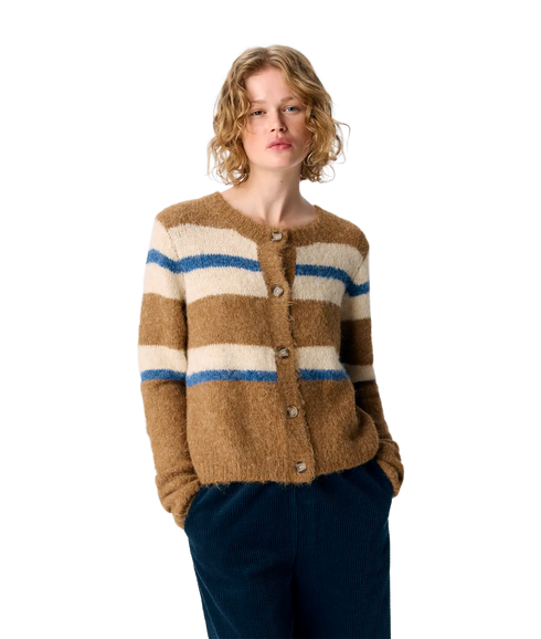 Galia L/S Re Knit Cardigan - Tannin Melange/White/Dark Denim