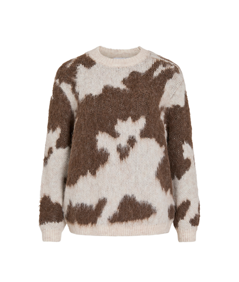 Venla O-Neck LS Jacquard Knit Top - Brown