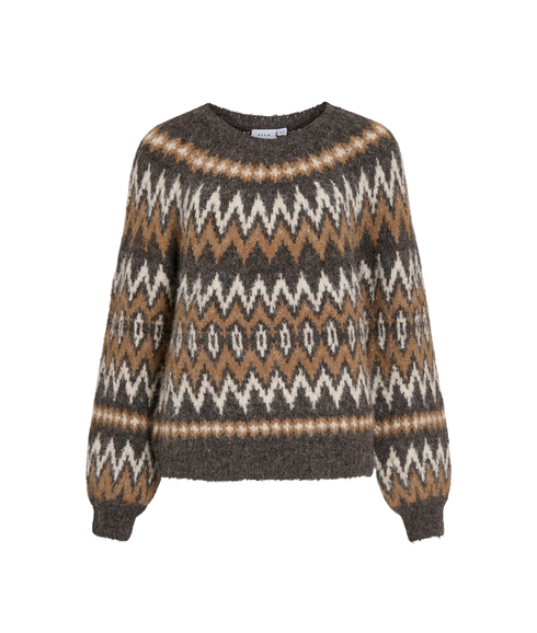 Bows O-Neck LS Jacquard Knit Top - Brown