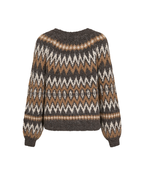 Bows O-Neck LS Jacquard Knit Top - Brown