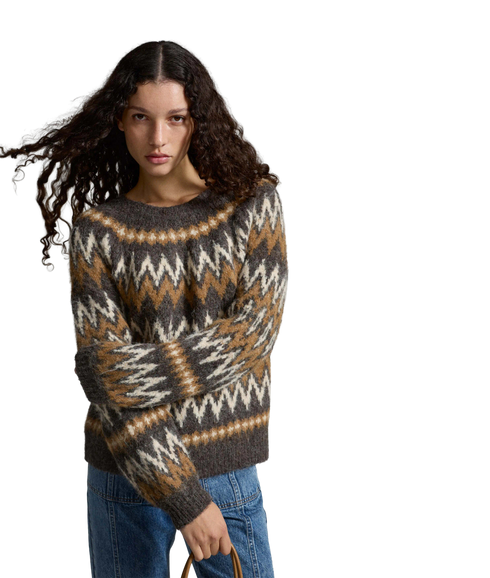 Bows O-Neck LS Jacquard Knit Top - Brown