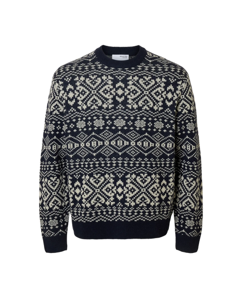 Holger Ls Knit Jaquard Crew Neck - Sky Captain Angora