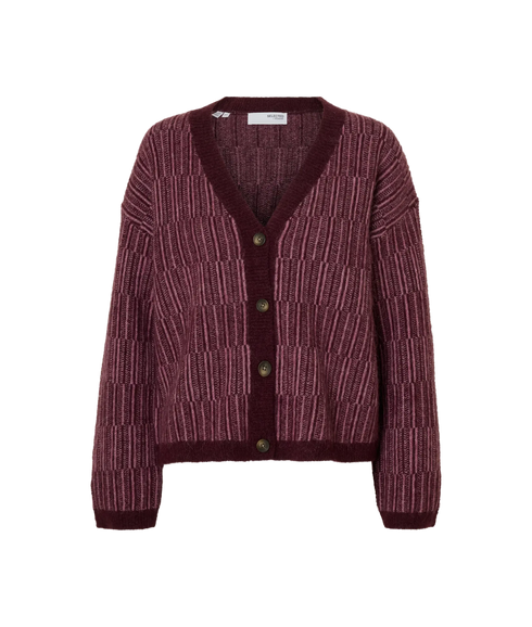 Alva Ls Knit Stripe V-Cardigan - Fig Lighter Fig