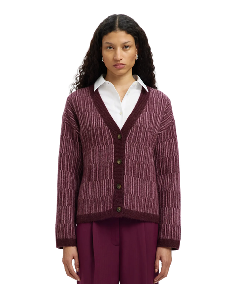 Alva Ls Knit Stripe V-Cardigan - Fig Lighter Fig