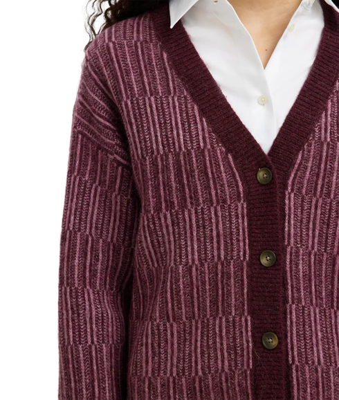 Alva Ls Knit Stripe V-Cardigan - Fig Lighter Fig
