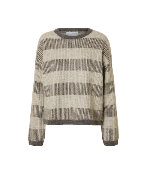 Alva Ls Knit Stripe O-Neck - Medium Grey Melange/Birch