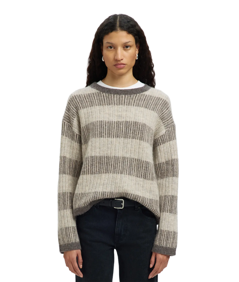 Alva Ls Knit Stripe O-Neck - Medium Grey Melange/Birch