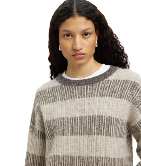 Alva Ls Knit Stripe O-Neck - Medium Grey Melange/Birch
