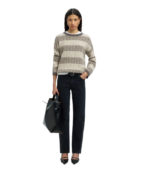 Alva Ls Knit Stripe O-Neck - Medium Grey Melange/Birch