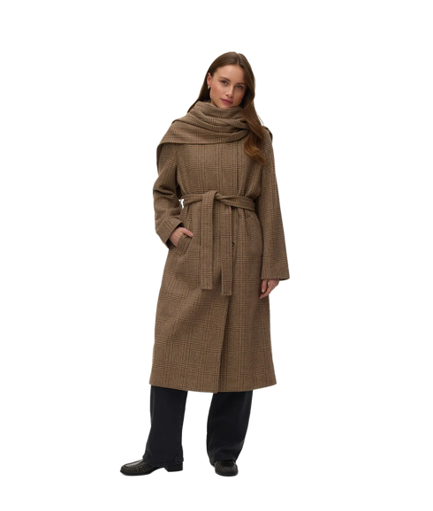 Katie Long Wool Blend Check Coat - Brown