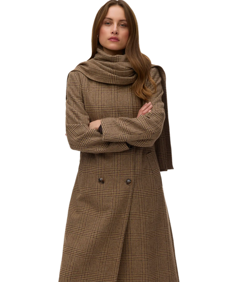 Katie Long Wool Blend Check Coat - Brown