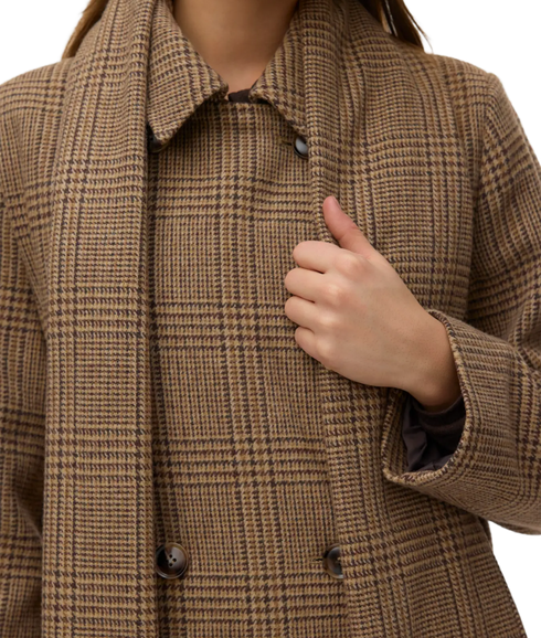 Katie Long Wool Blend Check Coat - Brown