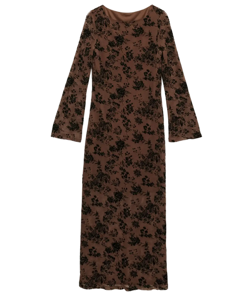 Flora LS Boatneck Ankle Dress - Brown
