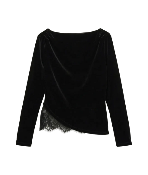 Rikke LS Boatneck Lace Mix Top - Black