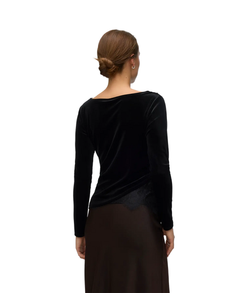 Rikke LS Boatneck Lace Mix Top - Black