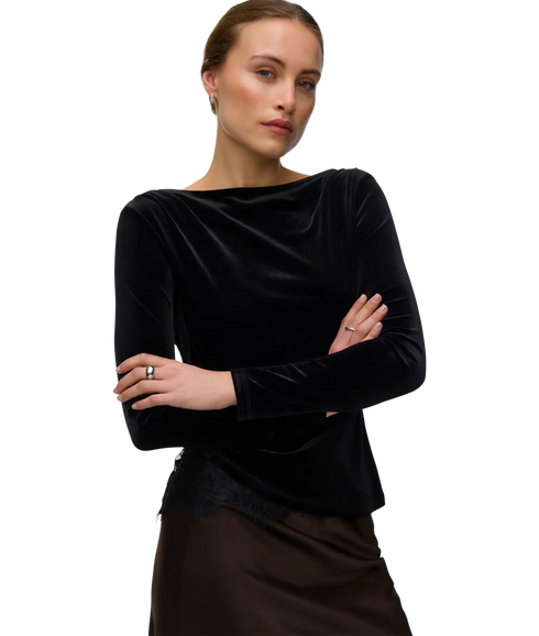 Rikke LS Boatneck Lace Mix Top - Black
