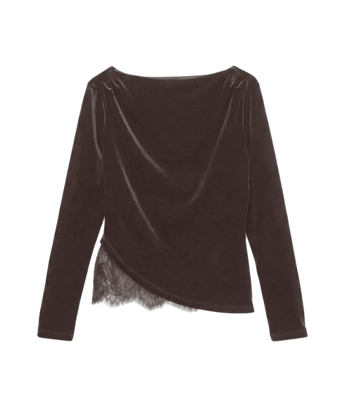 Rikke LS Boatneck Lace Mix Top - Brown