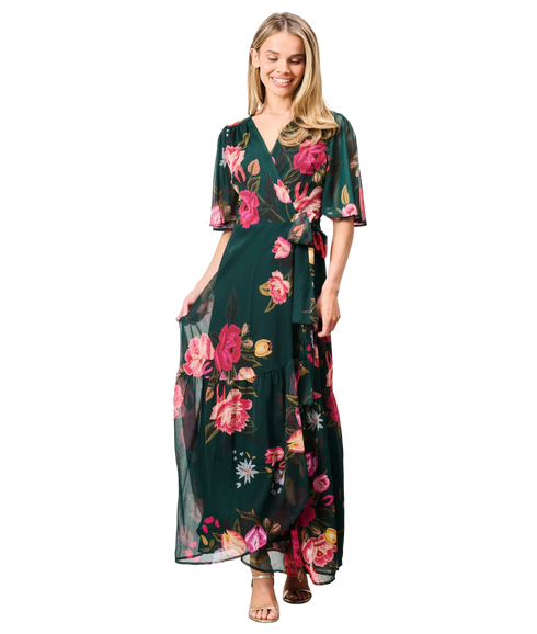 Tamra Wrap Dress - Dark Green/Pink