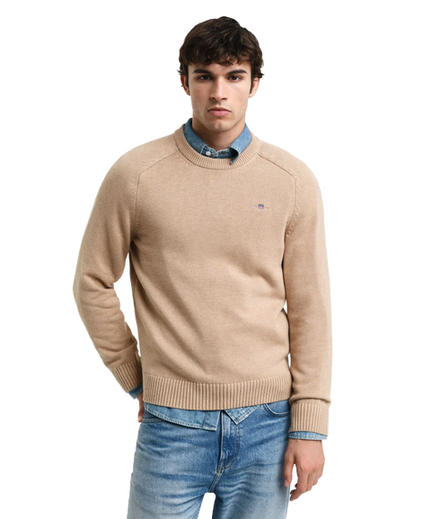 Casual Cotton Crew Neck Sweater - Beige