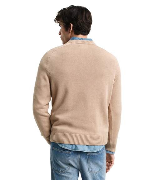 Casual Cotton Crew Neck Sweater - Beige