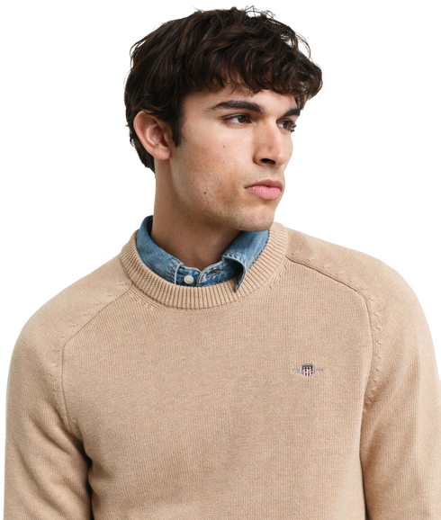 Casual Cotton Crew Neck Sweater - Beige