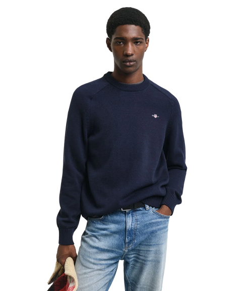 Casual Cotton Crew Neck Sweater - Navy