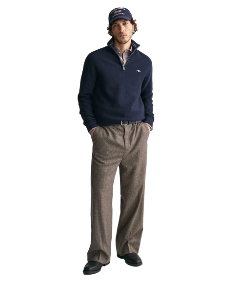 Micro Textured Cotton Half-Zip Sweater - Navy