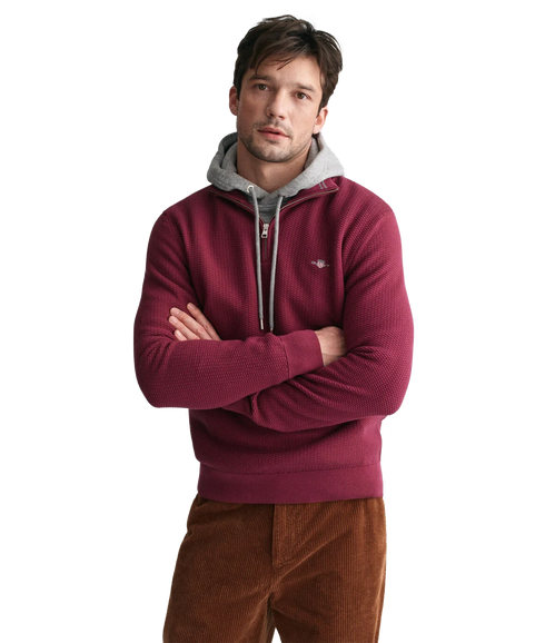 Micro Textured Cotton Half-Zip Sweater - Red