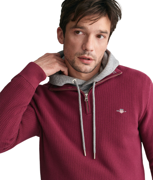 Micro Textured Cotton Half-Zip Sweater - Red