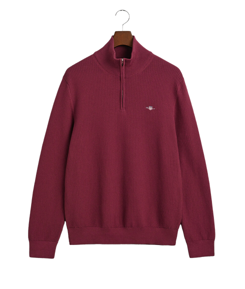 Micro Textured Cotton Half-Zip Sweater - Red