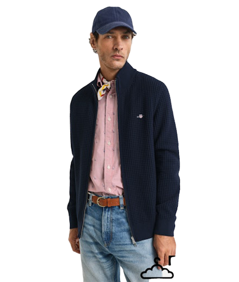 Zipped Textured Cotton Cardigan - Evening Blue
