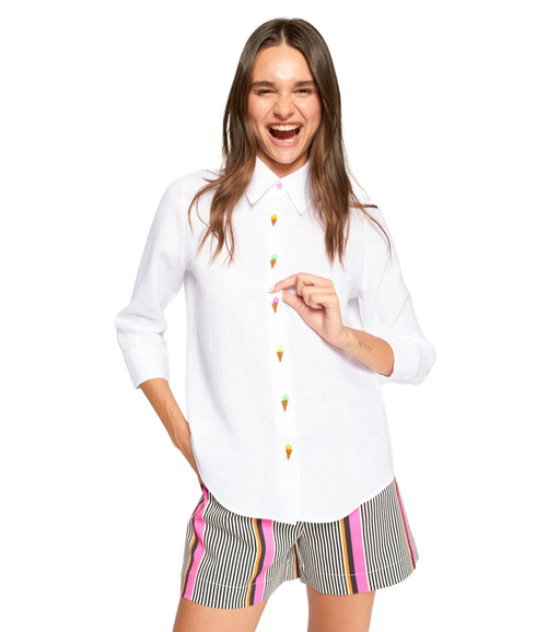 Ice Cream Button Linen Shirt - White