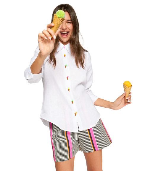 Ice Cream Button Linen Shirt - White