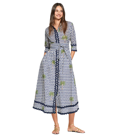 Ikat Palm Shirt Dress - Navy