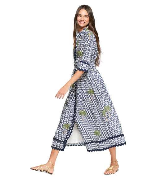 Ikat Palm Shirt Dress - Navy