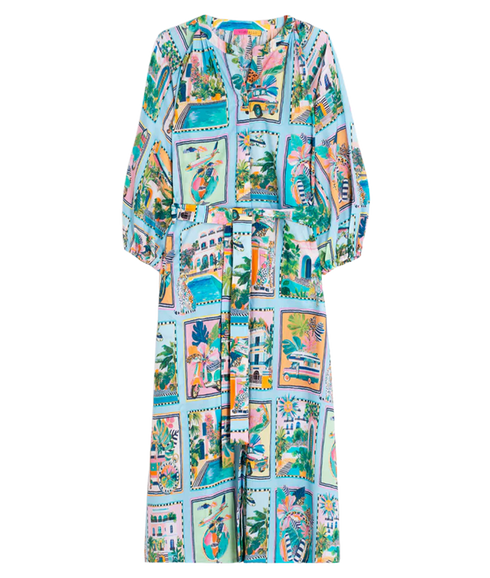 Postcard Print Dress - Blue