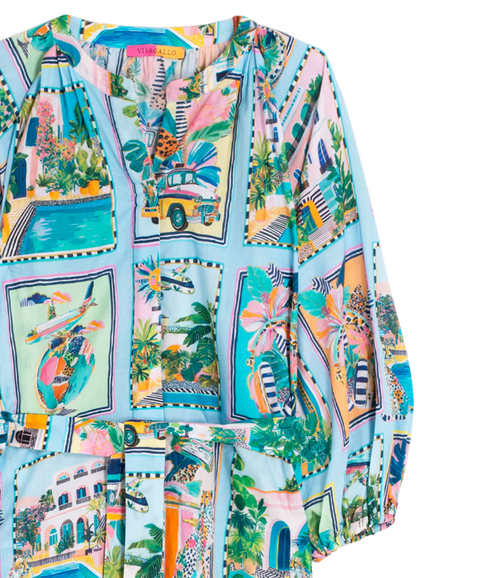 Postcard Print Dress - Blue