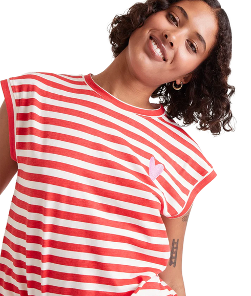 Cap Sleeve Stripes T-Shirt - White/Red